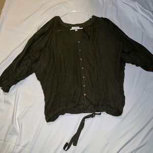 Olive crinkled button up top with tie at bottom
